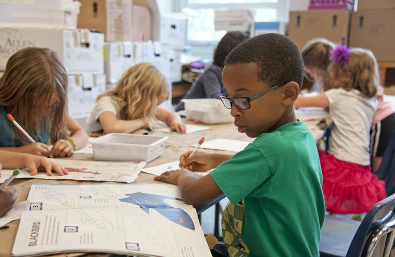School children studying together